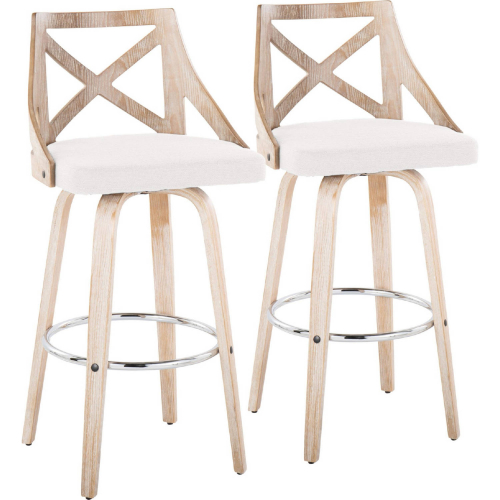 Charlotte 30" Swivel Bar Stool in White Washed Wood, Cream Fabric & Chrome (Set of 2)